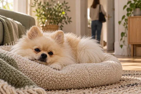Bruno rests on his bed during calm practice of a brief owner absence