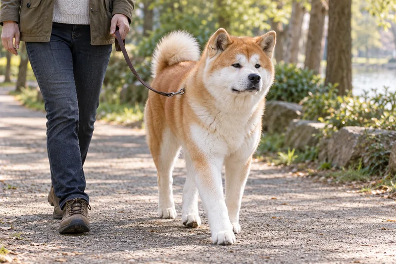 Sahibiyle yürüyen yetişkin kızıl-beyaz Japon Akita