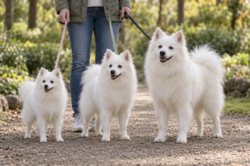 American Eskimo Dogs of three sizes on a walk.