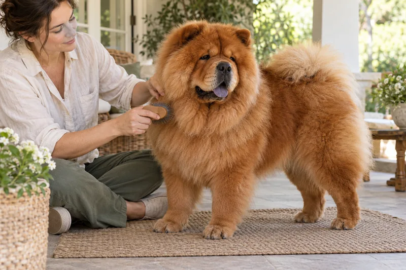 Owner caring for the thick coat of an adult red Chow Chow