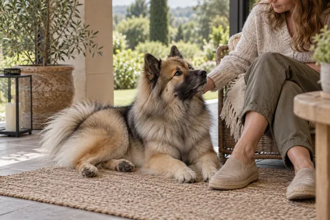 Wolf-sable Eurasier resting beside its owner on a terrace