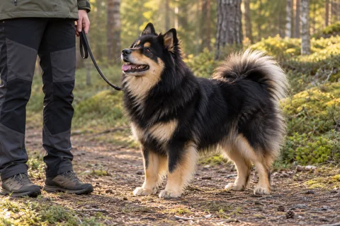 An adult Finnish Lapphund on a walk with its owner