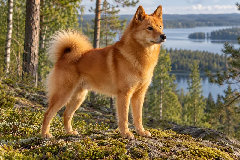 Göl üzerindeki çam ormanında yetişkin altın kızılı Fin Spitz