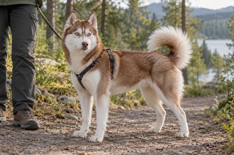 Orman yolunda yürüyüş yapan yetişkin kızıl-beyaz Sibirya Husky