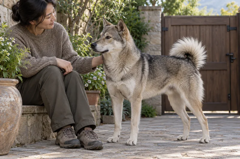Adult wolf-grey Jindo beside its owner in an enclosed garden