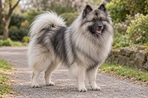 A wolf-sable Keeshond on a park path