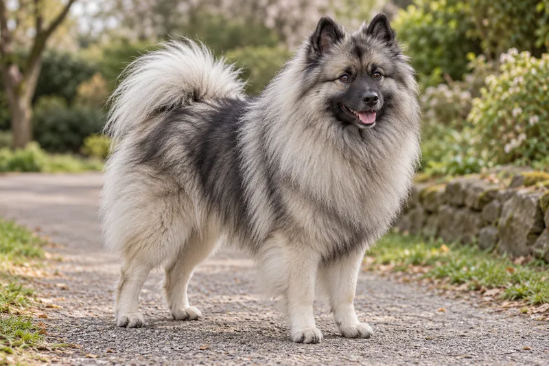 A wolf-sable Keeshond on a park path
