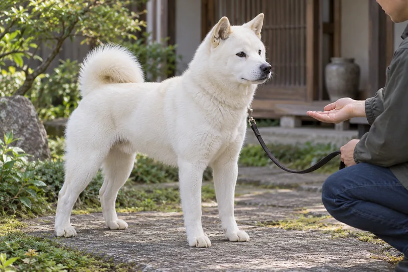 Adult white Kishu Ken during calm practice with its owner near home