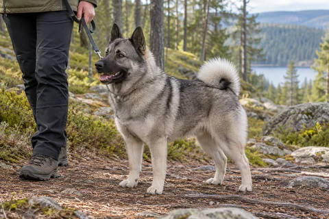 An adult grey Norwegian Elkhound on a woodland trail