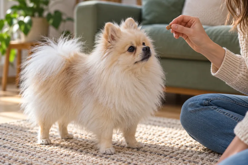 Adult Pomeranian practising with its owner at home.