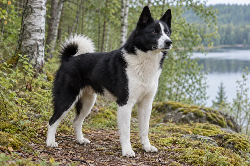 Adult black-and-white Russo-European Laika beside a woodland lake