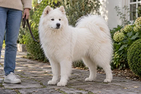 Adult Samoyed with a natural white coat on a walk