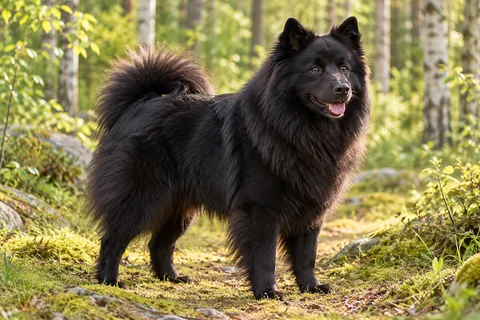 Adult black Swedish Lapphund on a path in birch woodland