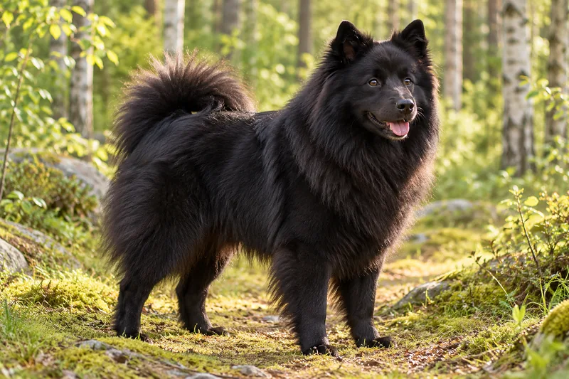Adult black Swedish Lapphund on a path in birch woodland