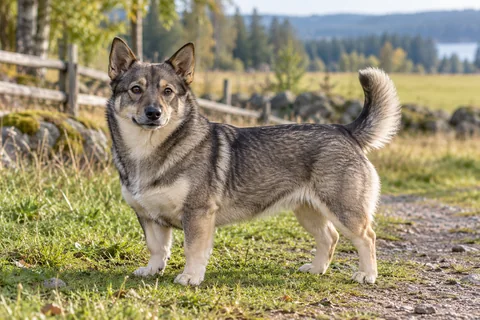 Adult grey Swedish Vallhund on grass beside a farm path