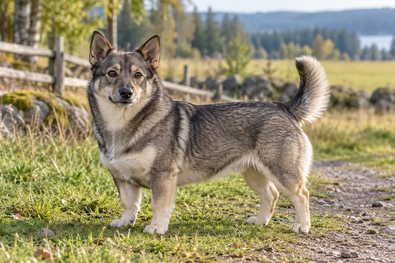 Adult grey Swedish Vallhund on grass beside a farm path