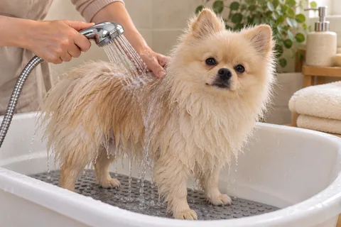 A Pomeranian being gently rinsed on a nonslip bath mat.