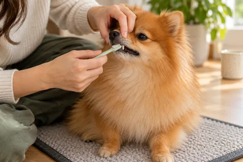 Owner gently brushing an adult Pomeranian’s teeth with a small toothbrush