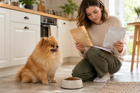 An owner reviewing food options beside an adult Pomeranian and its bowl.