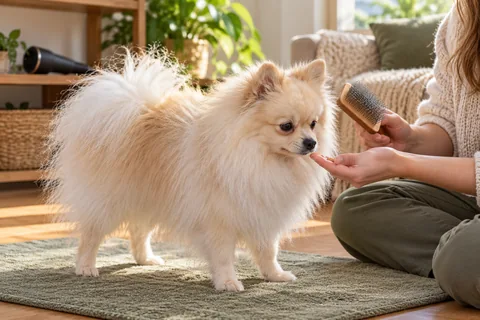 Bruno learning to accept a grooming brush during calm reward-based practice