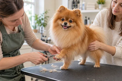 A groomer carefully tidying paw fur while preserving a Pomeranian's long coat.