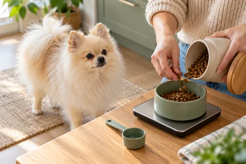 Weighing a Pomeranian's food portion on kitchen scales
