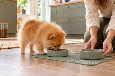 Weaned Pomeranian puppy independently eating from a small bowl
