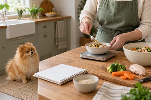 An owner portions cooked home-prepared food while a Pomeranian waits nearby.