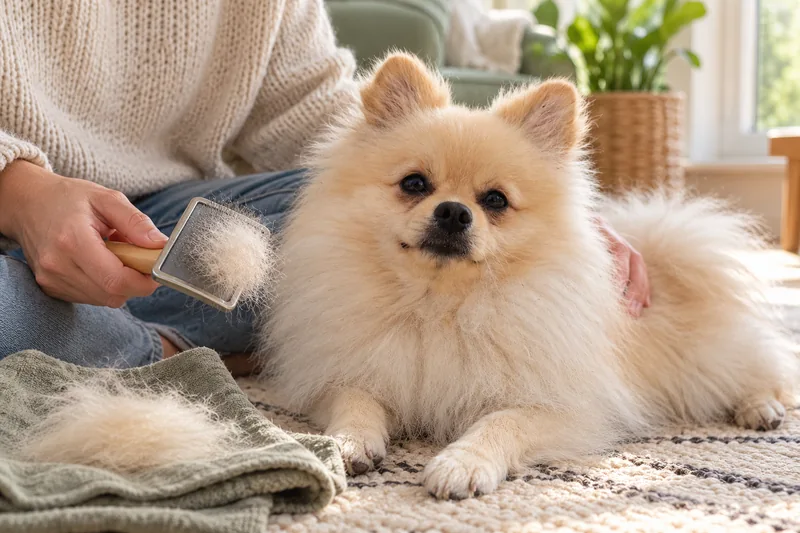 A Pomeranian after brushing with a small amount of shed undercoat