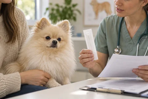 A veterinarian discusses a Pomeranian's DNA testing with its owner.