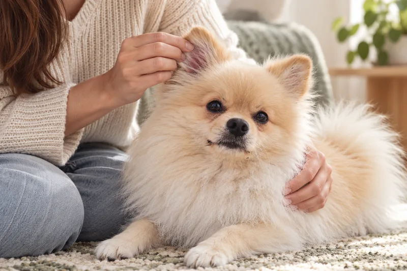 An owner gently checks Bruno's outer ear at home