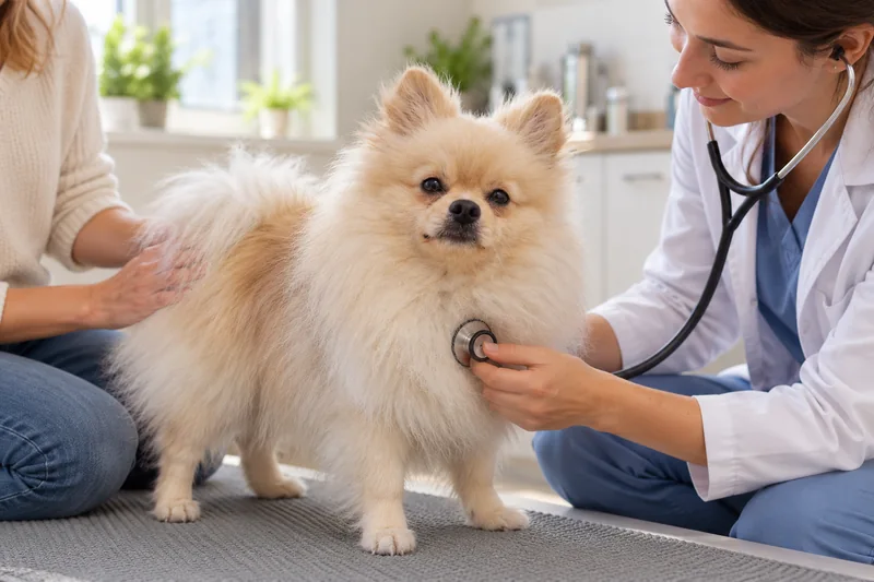 A veterinarian listens to a Pomeranian's heart and breathing