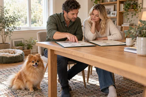 Yetişkin Pomeranian’ın yanında soy kayıtlarını karşılaştıran sahipler