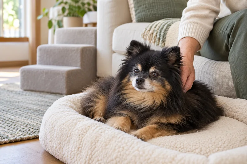 A senior black-and-tan Pomeranian rests on a low comfortable bed
