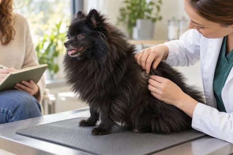 A veterinarian gently parts a black Pomeranian's coat to inspect the skin