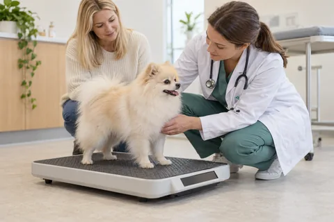 Adult cream female Pomeranian on a scale during a veterinary examination
