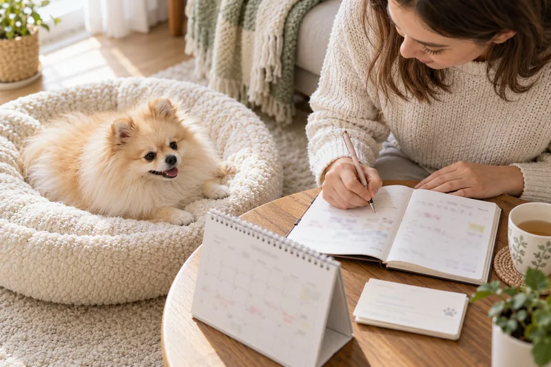 An owner records observations in a planner beside a resting Pomeranian.