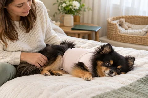 A Pomeranian resting under owner supervision after surgery
