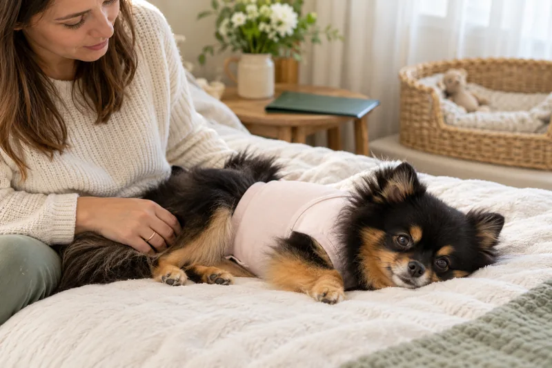 A Pomeranian resting under owner supervision after surgery