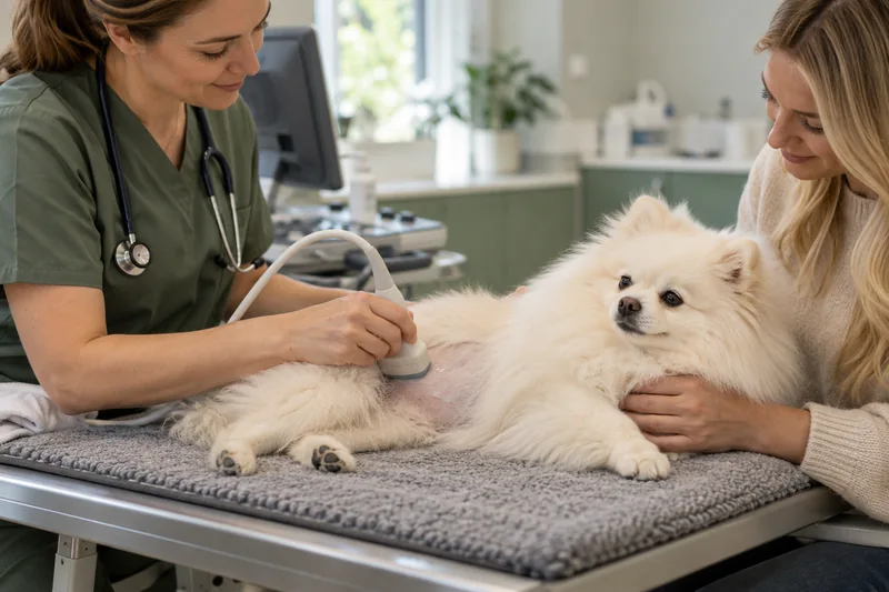 Veteriner yetişkin dişi Pomeranian’a ultrason muayenesi yapıyor