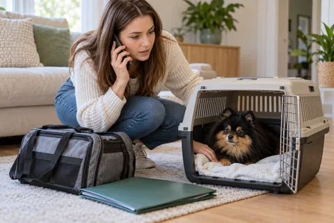 An owner calls the clinic with a Pomeranian's carrier ready for travel.