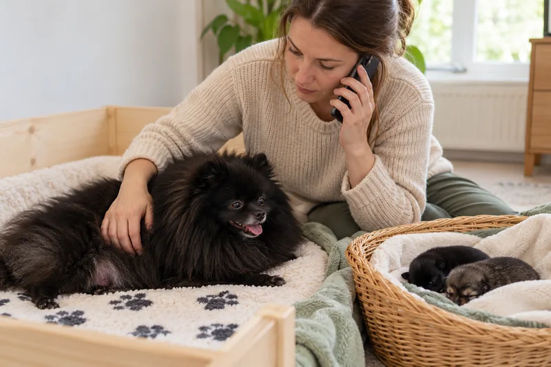 An owner calls a veterinarian while watching a nursing dog