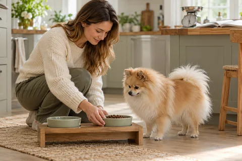 Owner preparing a measured meal for an adult female Pomeranian