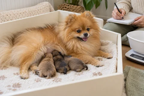 A Pomeranian mother with newborn puppies in a clean whelping box.