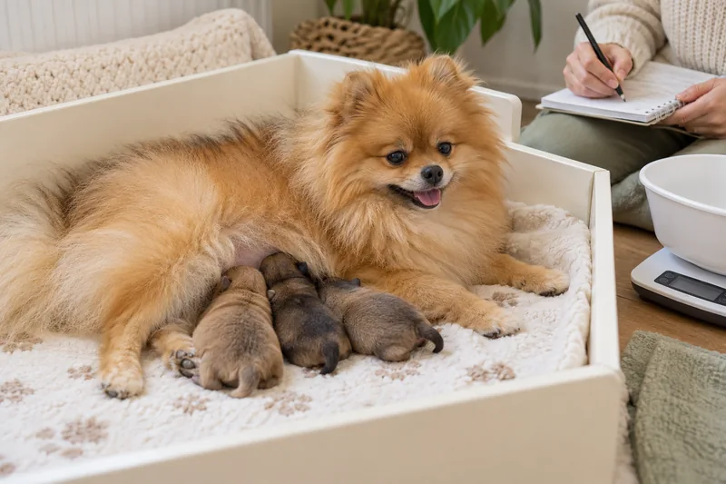 A Pomeranian mother with newborn puppies in a clean whelping box.