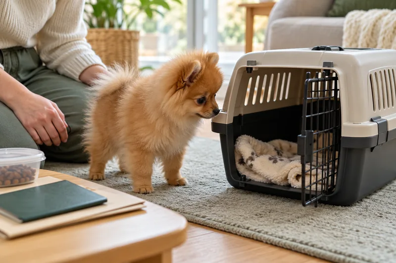 Yeni evine taşınmadan önce taşıma çantasını tanıyan Pomeranian yavrusu