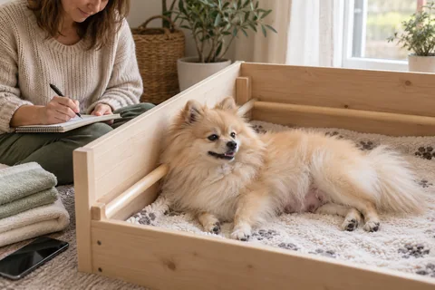 Owner observing a female Pomeranian in a prepared whelping area and taking notes