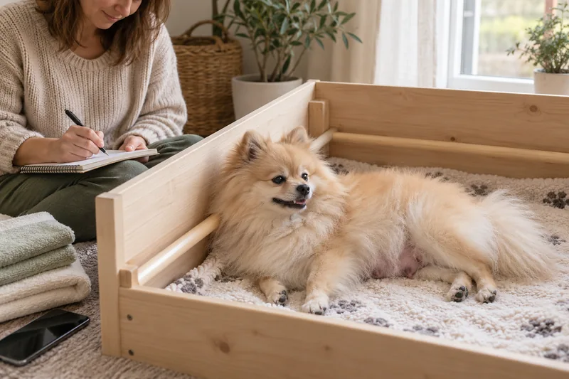 Owner observing a female Pomeranian in a prepared whelping area and taking notes