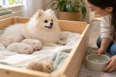An owner cares for a resting Pomeranian mother after birth.