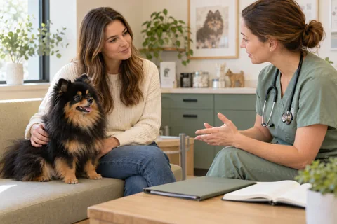 Discussing an individual birth plan for a female Pomeranian with a veterinarian